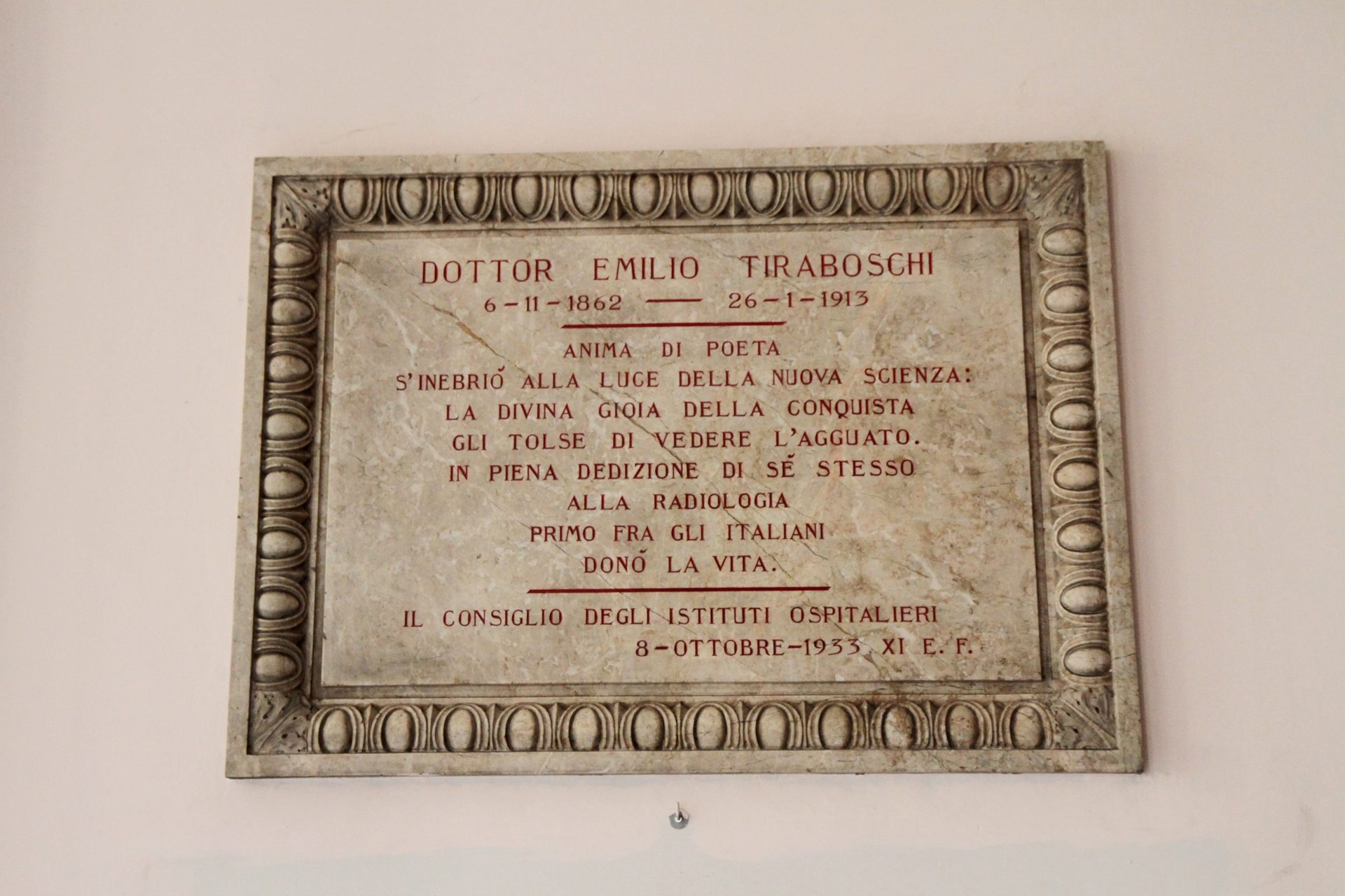 Emilio Tiraboschi's memorial tablet, Radiological pavilion, old Ospedale Principessa di Piemonte, Bergamo - 01.JPG